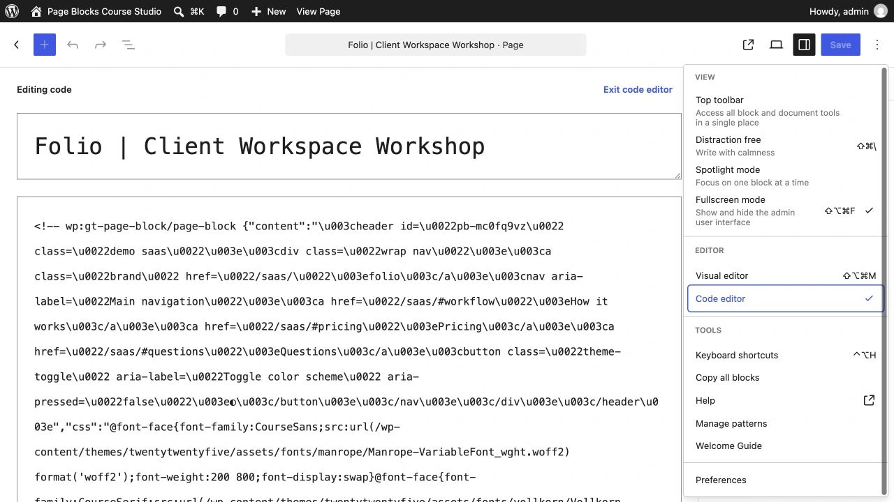 Gutenberg code editor showing serialized Page Block content.