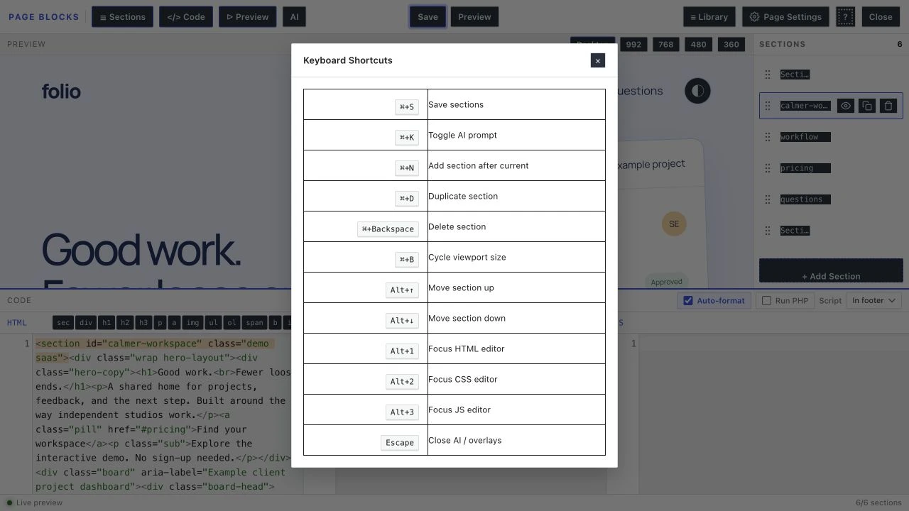 Keyboard Shortcuts overlay listing Save, section changes, viewport cycling and editor focus.