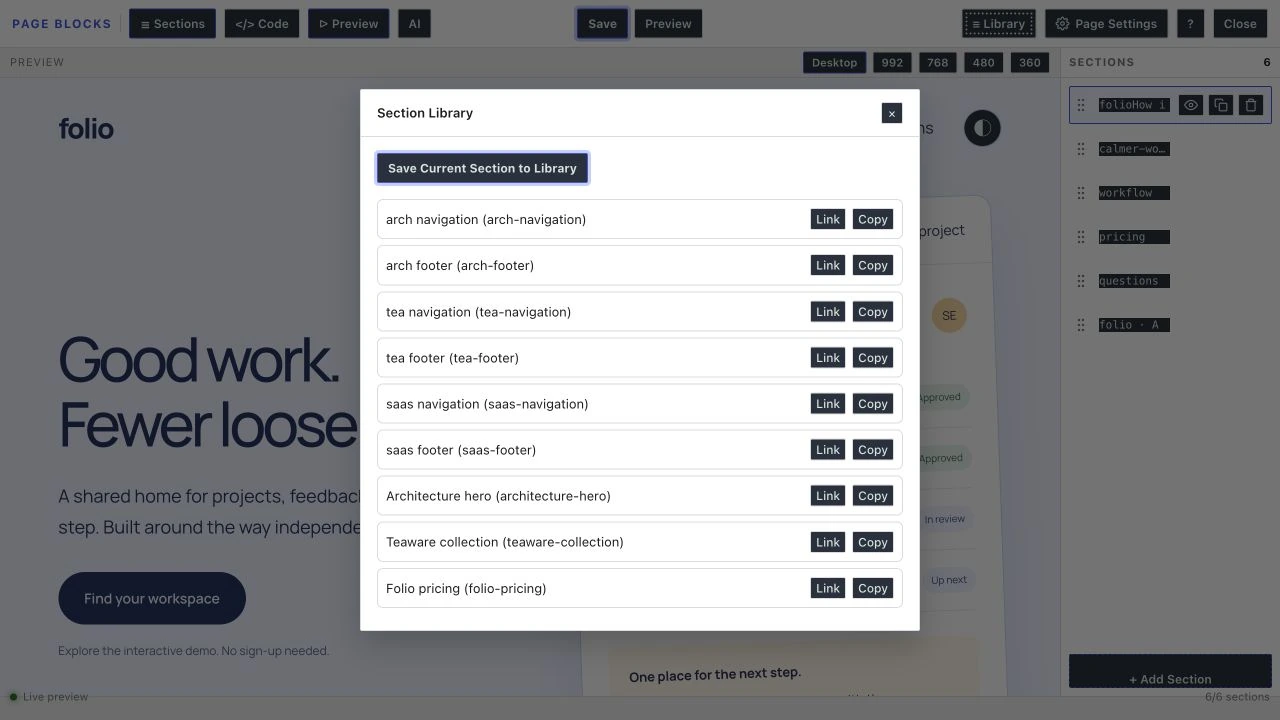 Section Library dialog offering separate Link and Copy actions.