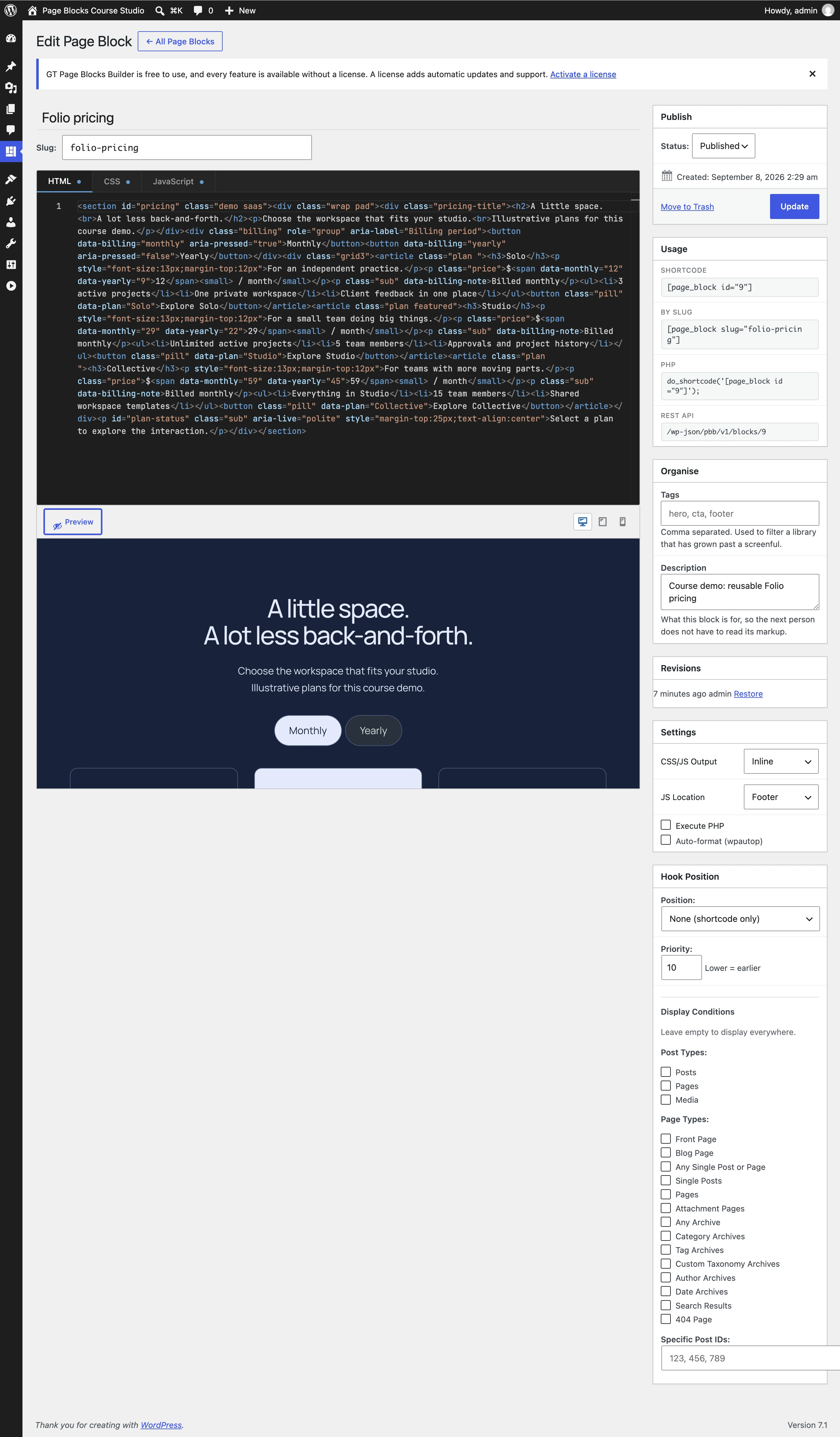 Library block editor with shortcode, output settings and hook-position controls.