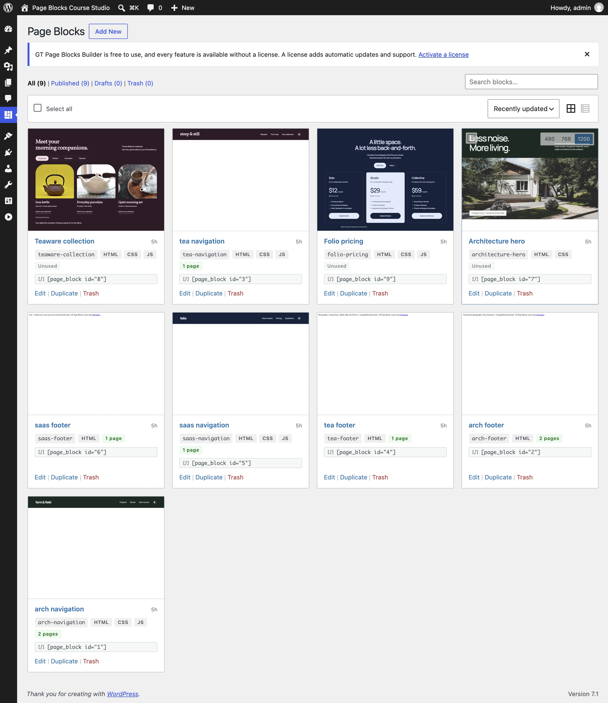 Page Blocks library with architecture, teaware and pricing sections and usage counts.