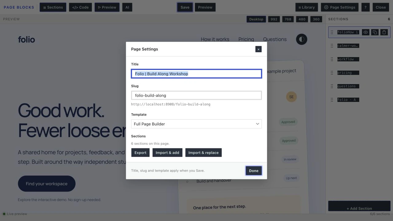 Page Settings dialog with Full Page Builder selected.