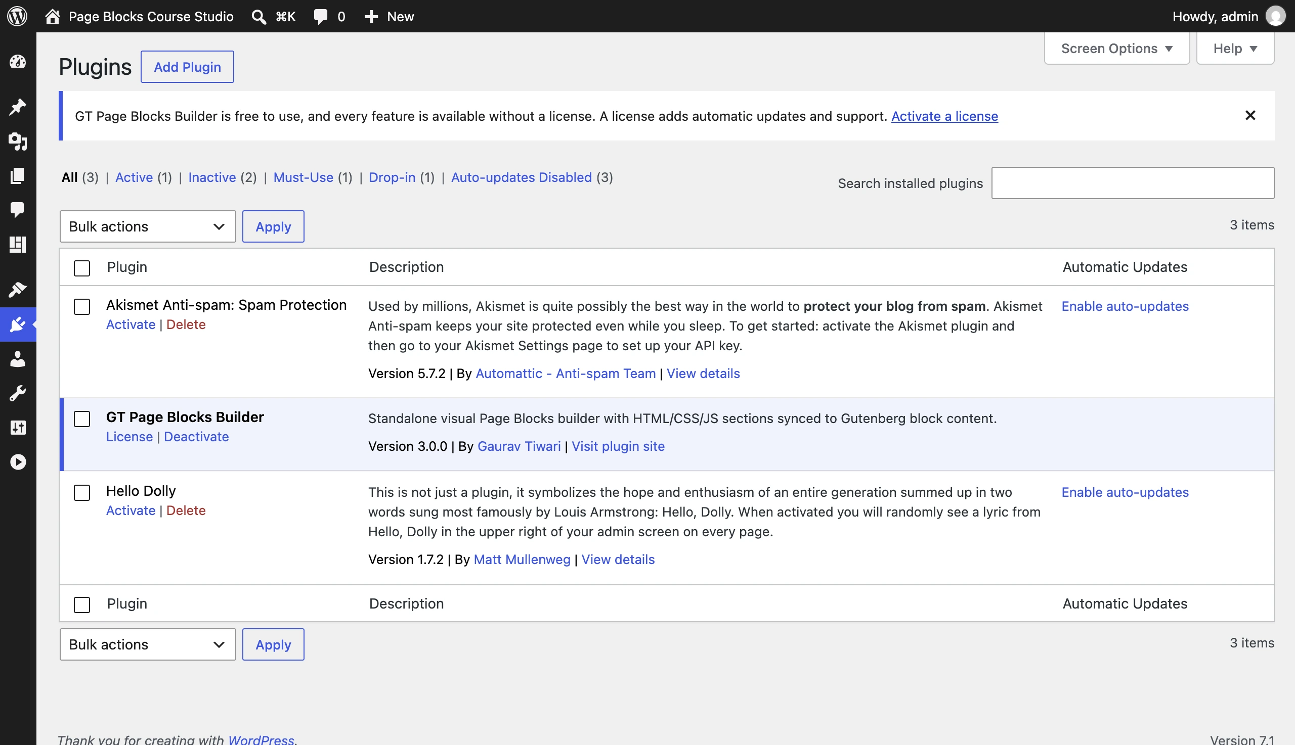 GT Page Blocks Builder active in the WordPress Plugins screen.