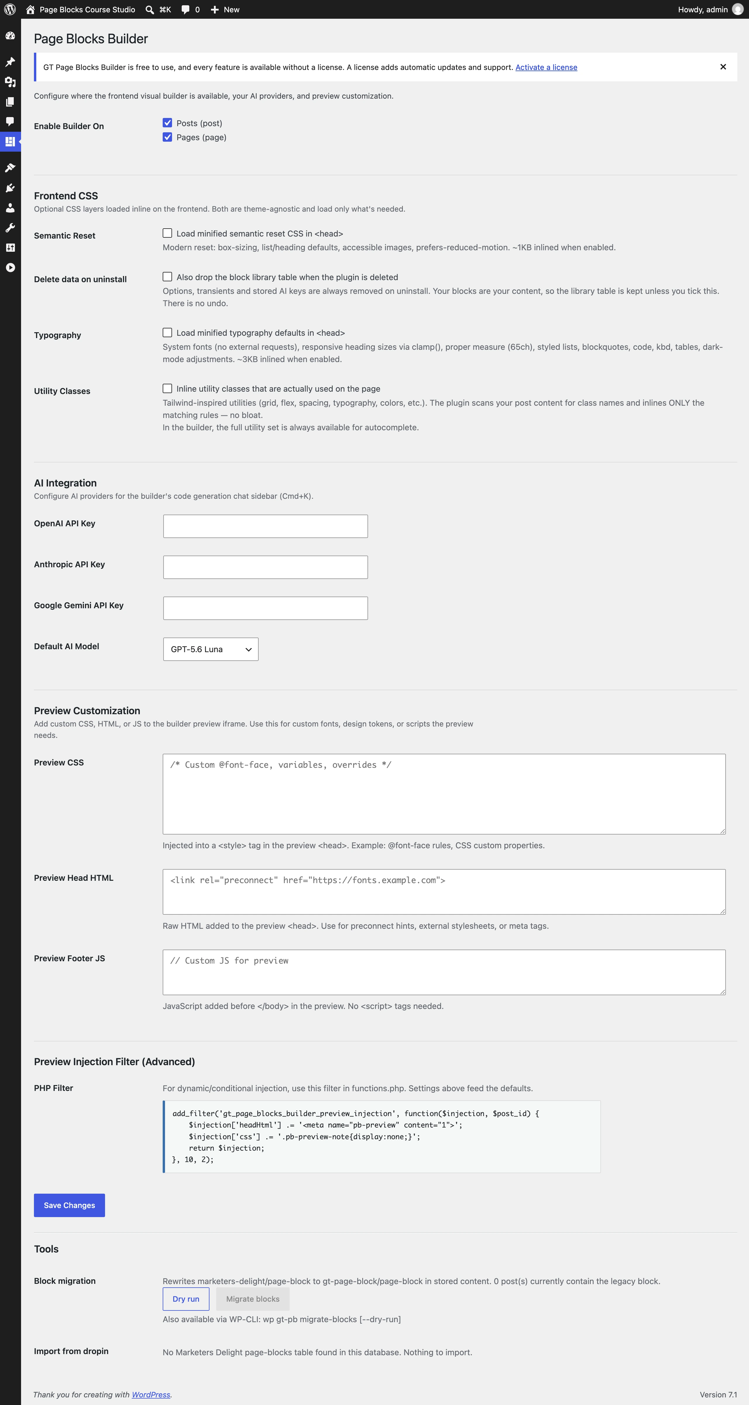 Page Blocks settings showing enabled post types and empty AI-provider fields.