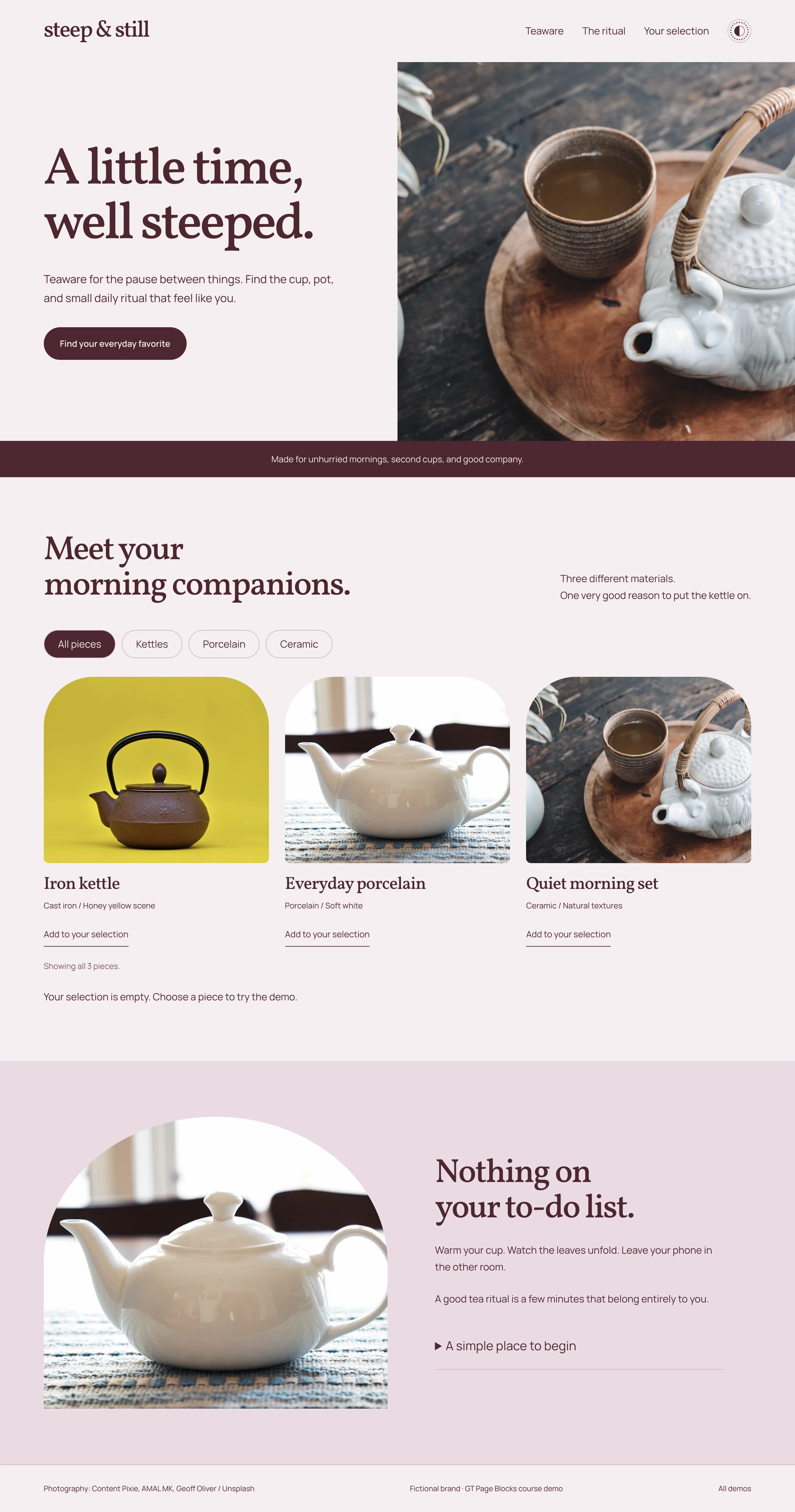 Steep and Still teaware page with a three-product collection and category filters.